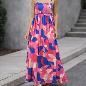 Pants Store Pink Blue Abstract Print Maxi Dress Adjustable Spaghetti Strap Large